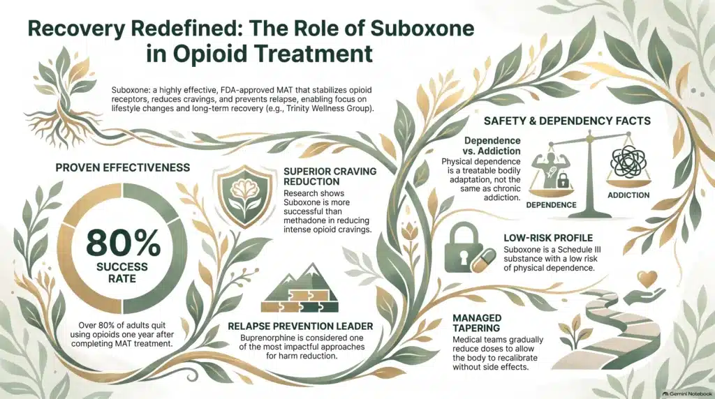Infographic titled Recovery Redefined: The Role of Suboxone in Opioid Treatment, showing an 80% success rate, superior craving reduction versus methadone, relapse-prevention leadership, and safety facts including dependence versus addiction, a Schedule III low-risk profile, and managed tapering.
