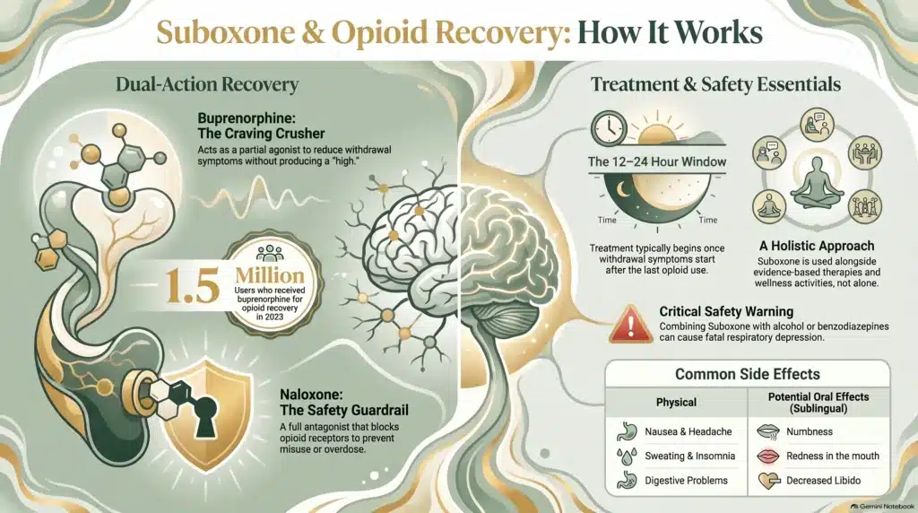 Infographic titled Understanding Suboxone: A Dual-Action Path to Recovery, showing how buprenorphine reduces cravings and naloxone guards against misuse, dosing timed 12 to 24 hours after last use, integration with therapy, a warning against mixing with alcohol or sedatives, and common side effects.